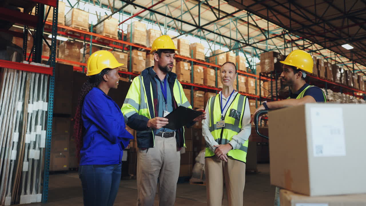 Warehouse workers discussing logistics