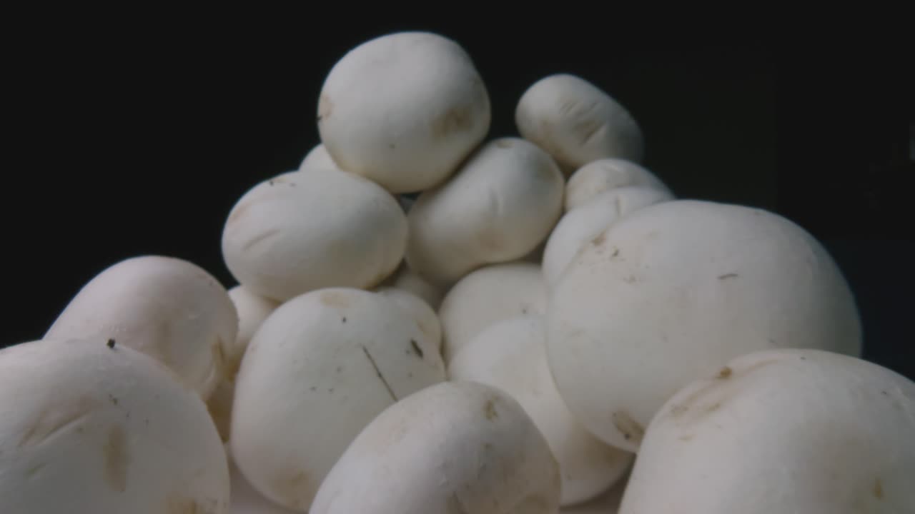 Macro slide champignon mushrooms on a black background. Probe lens dolly shot. Organic food concept. The camera moving through a pile of mushrooms. Close-up. Type K.
