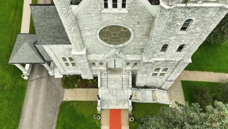 descending in bird's eye over the impressive structure