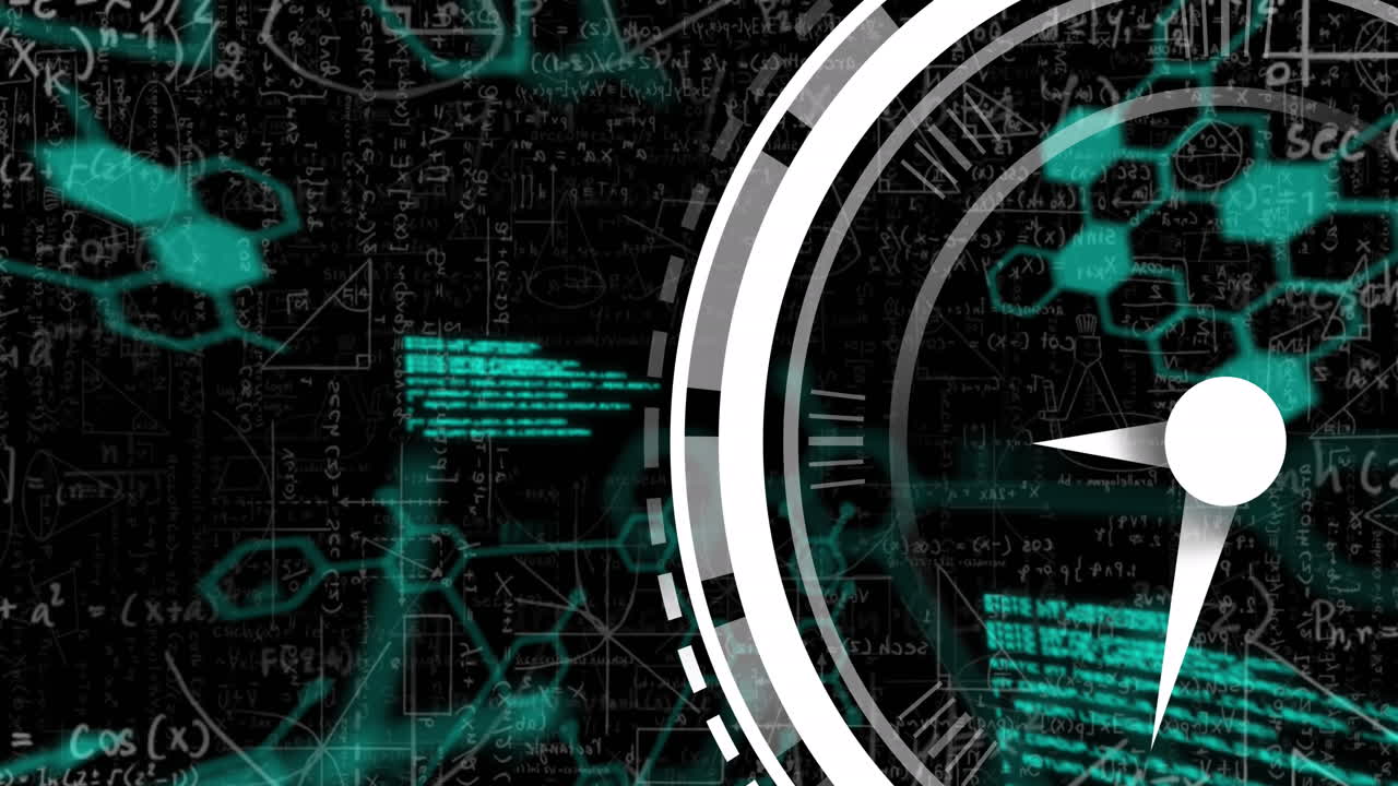 Animation of clock moving over scientific data on black background