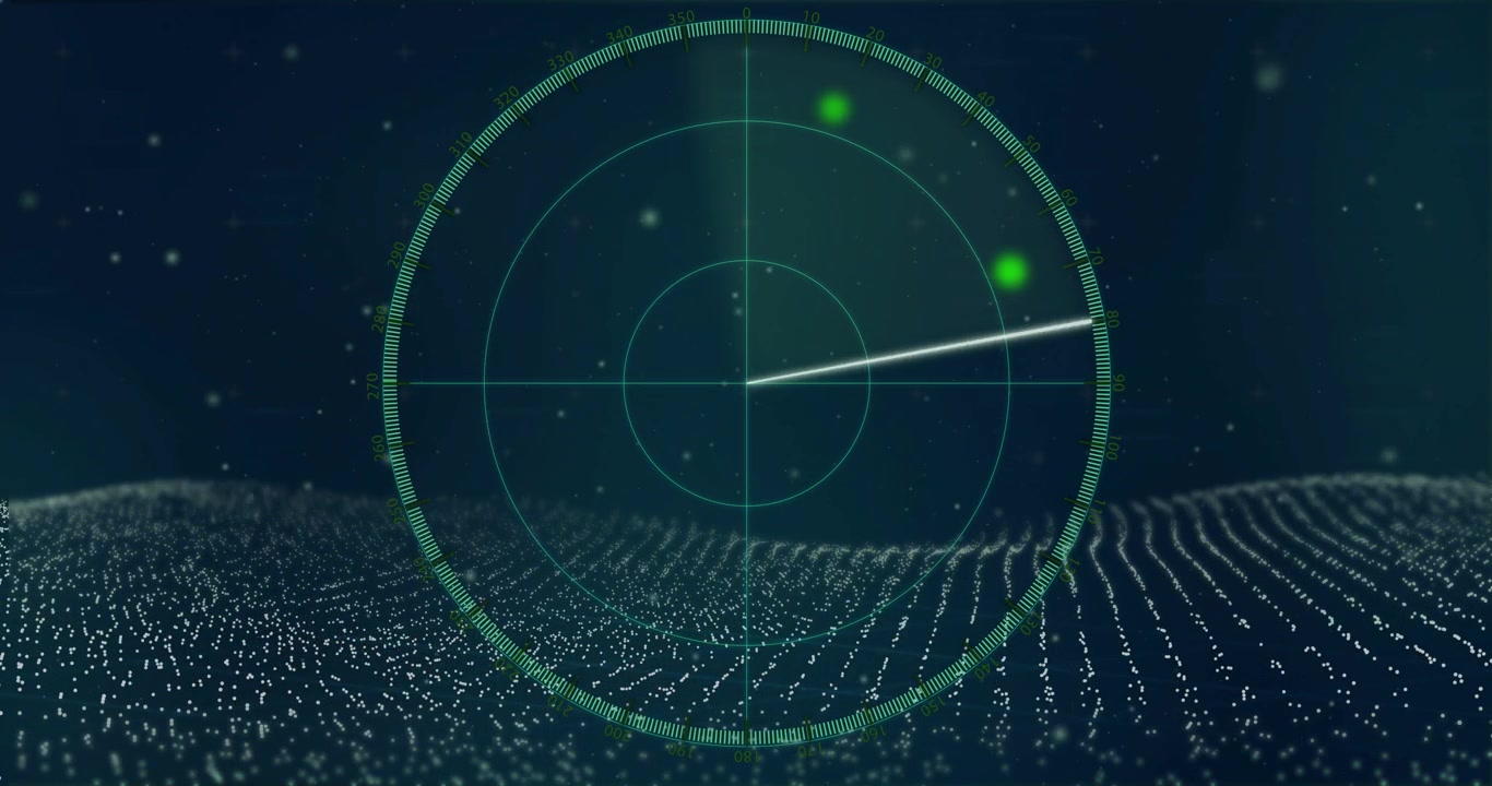 Circular radar disc sweep starting upper-left, rotating clockwise, green blip pulsing showing scan