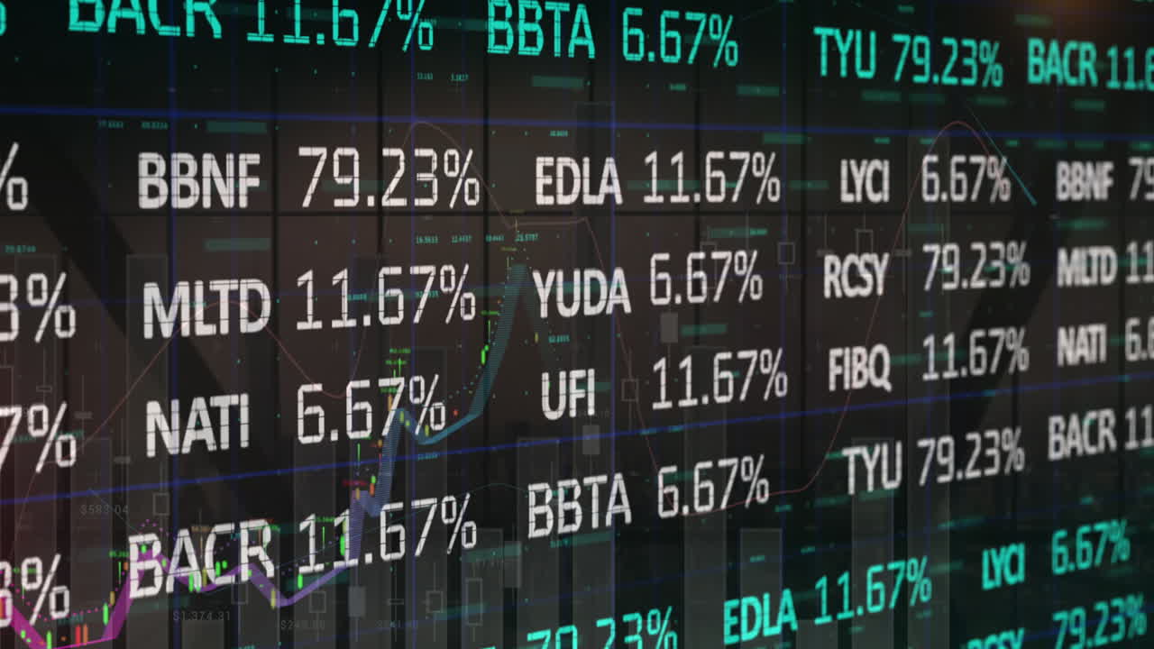 Animazione di elaborazione di dati finanziari e mercato azionario su paesaggio urbano