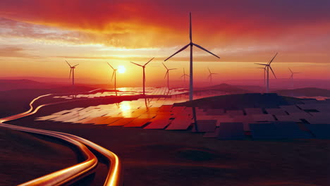 renewable energy landscape at sunset with solar panels and wind turbines