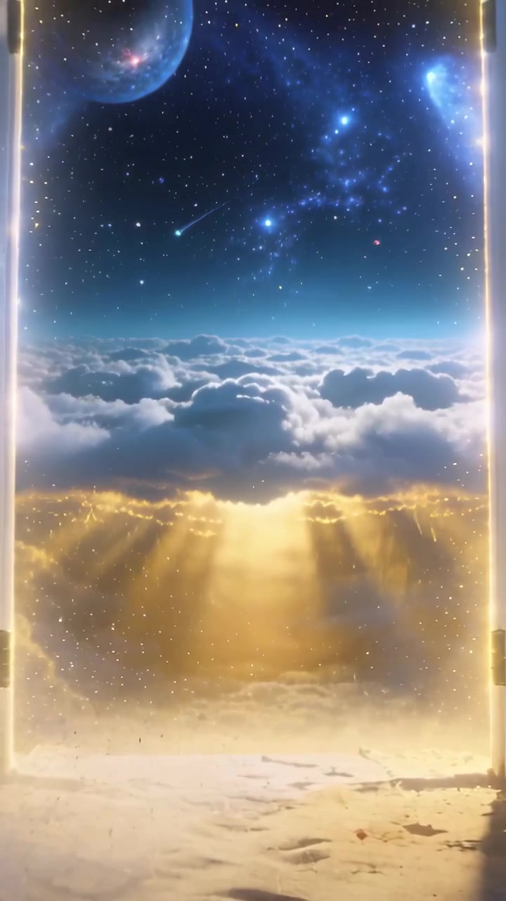 Vertical video: Parting cloud layer revealing open double doors at threshold, pouring golden light