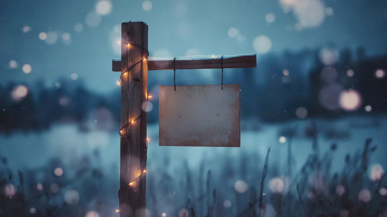 Gusty wind sending post and blank sign swaying in snow-covered field at dusk, with twinkling lights