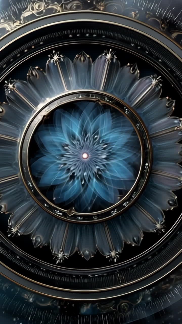 Intricate cosmic patterns. A vibrant cosmic design features intricate patterns and a flower-like shape at the center surrounded by swirling colors.