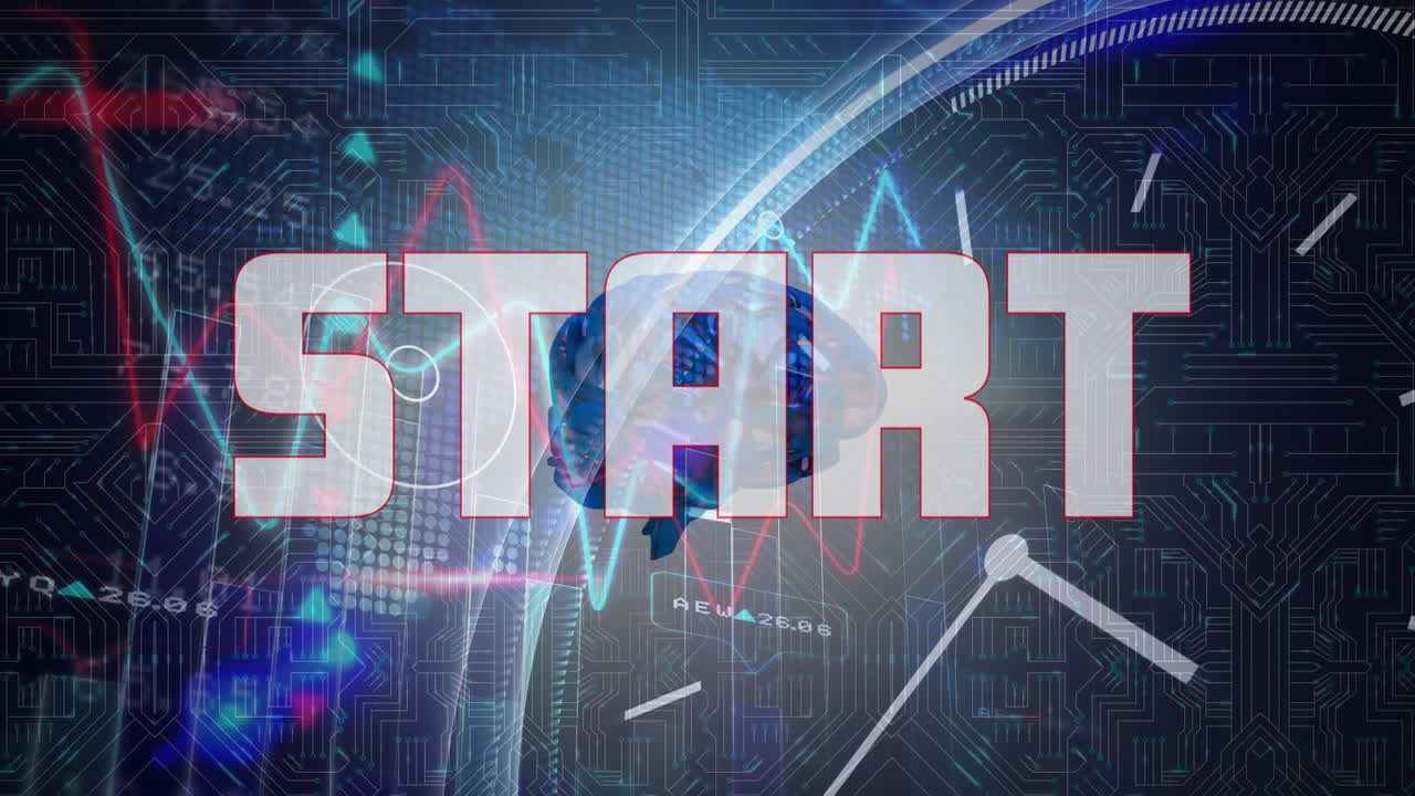 Animation of start text and spinning human brain icon against ticking clock and data processing