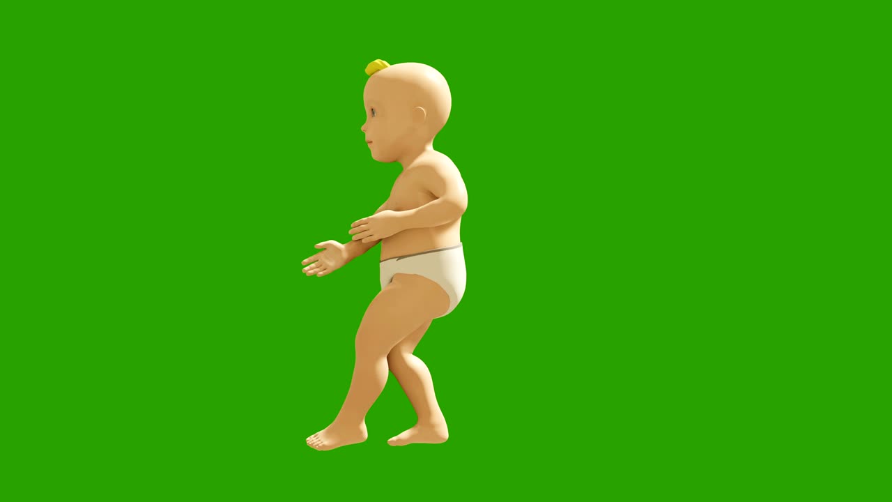 작은 아기가 녹색 화면을 배경으로 즐겁게 춤을 추고 있습니다. 3d 시각화, 춤추는 아이의 애니메이션.