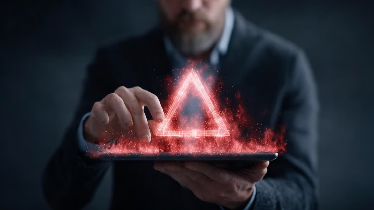 A Man Manipulating a Holographic Triangle on a Digital Tablet, Showcasing Advanced Technology and Innovation in a Dark, Mysterious Environment