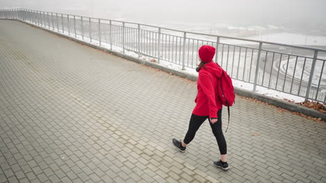 back view of woman walking along interlocked pathway with bag over shoulder near iron railing, foggy atmosphere, distant cars below bridge, and blurred office buildings in background