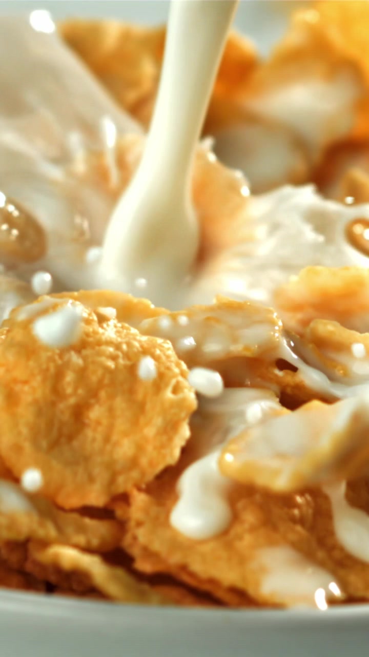 Primo piano al rallentatore di latte che si versa su cornflakes dorati