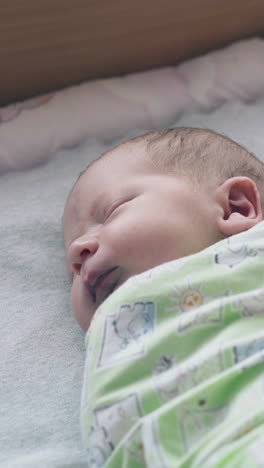 adorable newborn boy with plump cheeks and short fair hair sleeps wrapped in swaddle in baby bed close view