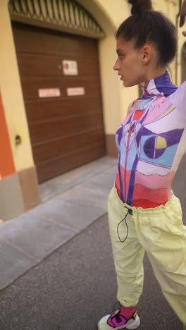 stylish woman in a colorful outfit