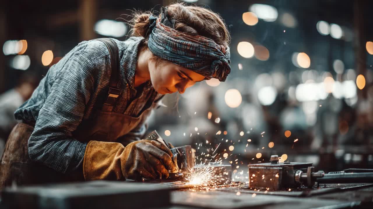 Metalhåndværk: En dygtig håndværker fokuserer på præcise gnister, mens han arbejder i et travlt værksted, og viser ekspertise inden for traditionelle metalbearbejdningsteknikker