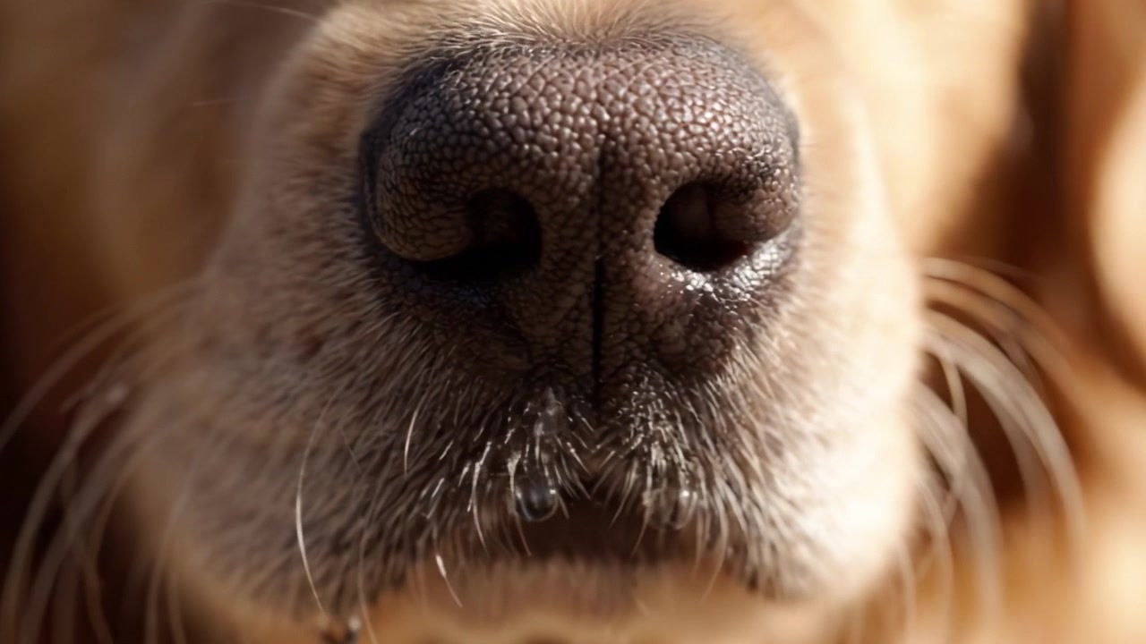 Sıcak Işıkta Doku ve Nemin Karmaşık Detaylarını Yakalayan, Şefkat ve Sadakat Uyandıran Bir Golden Retriever'ın Burnunun Yakın Çekimi