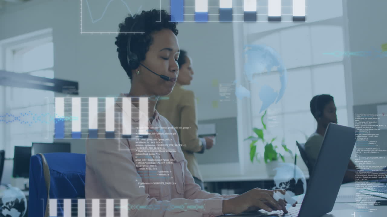 Animation of financial data processing over biracial businesswoman in office