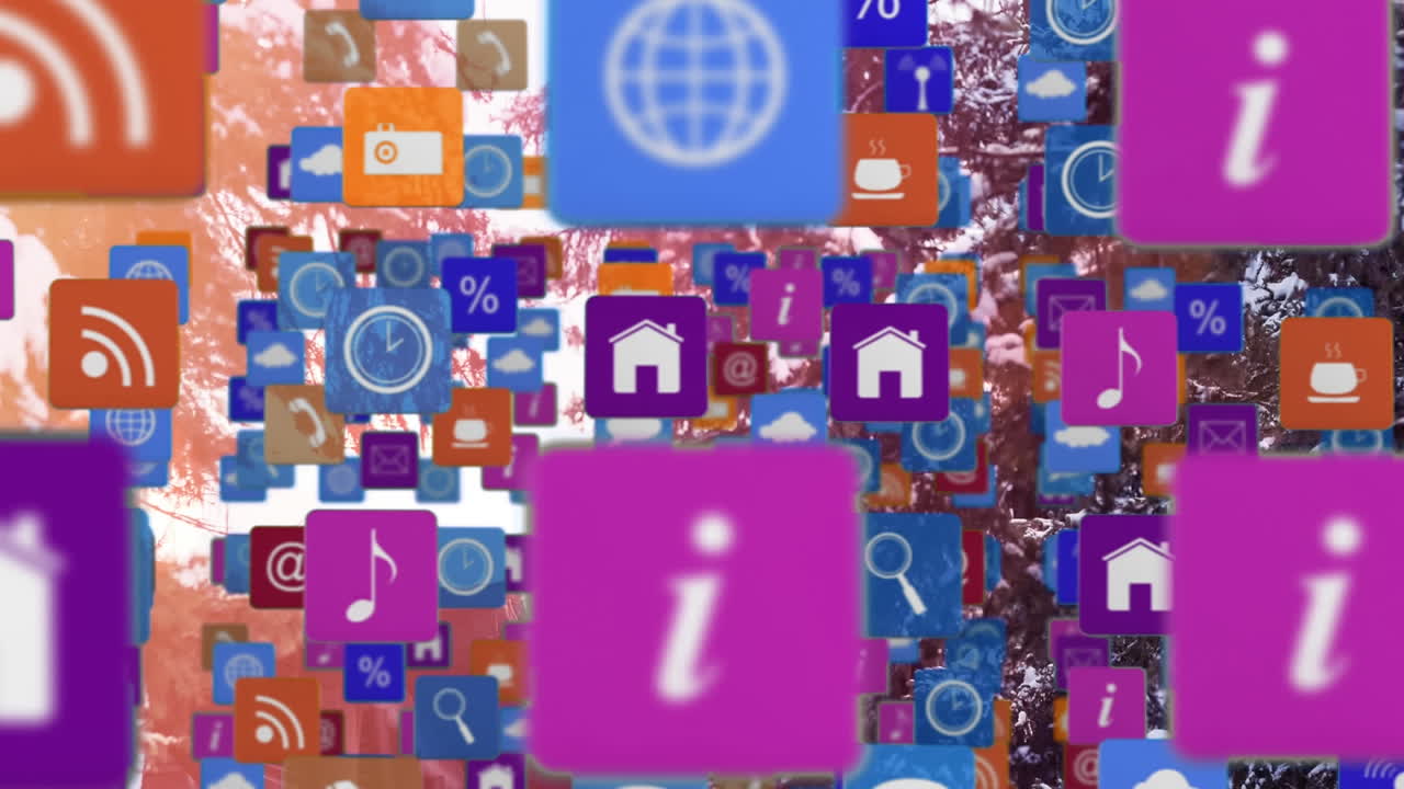 나무 배경 위를 날아다니는 디지털 아이콘 줄의 애니메이션