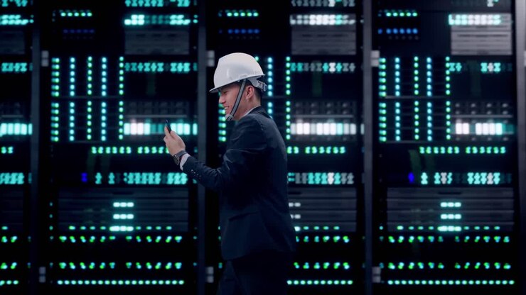 Side View of Asian Businessman Use Smartphone, Video Call While Walking in Server Room Data Center