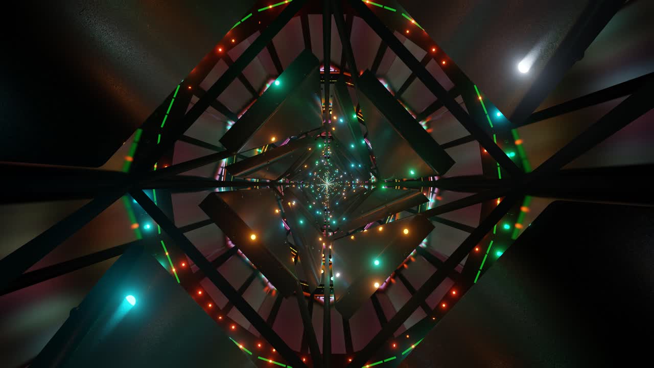 Brightly colored lights pulse and shift within a dynamic geometric structure, creating an entrancing visual display that continuously loops to provide a captivating ambiance