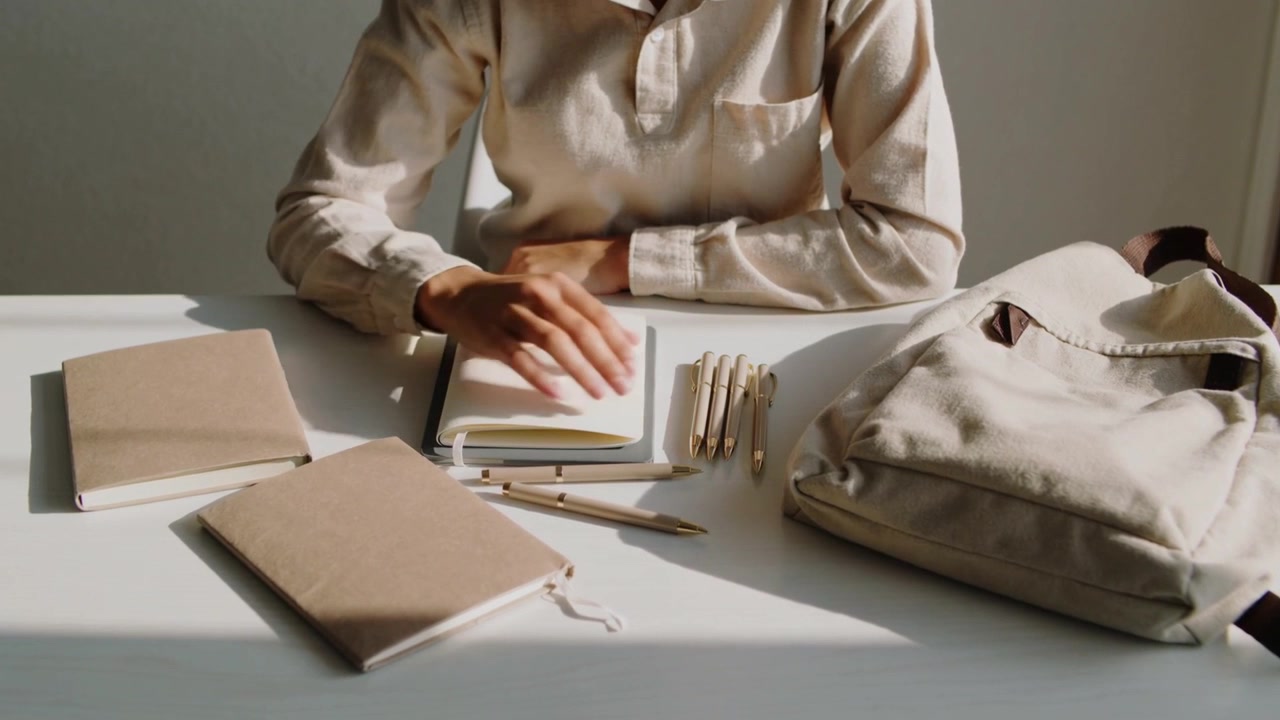 Un uomo con camicia color crema spinge con la mano sinistra, toccando il telefono, mentre allinea penne e prepara appunti su una scrivania bianca, con una borsa.