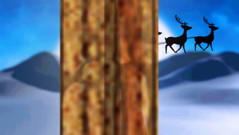 animation of santa claus in sleigh with reindeer seen through window and christmas decorations