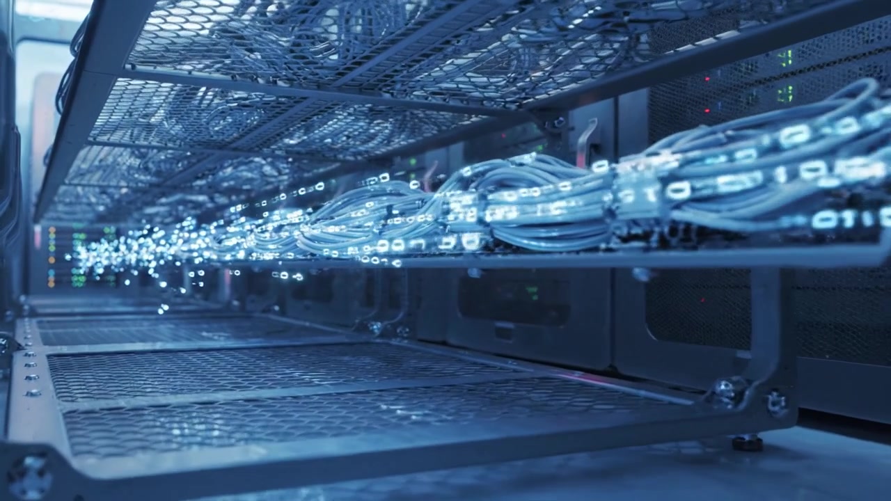 High-Tech Data Center Infrastructure Showcasing Servers and Data Cables with a Focus on Connectivity and Dynamic Data Transfer in Modern Computing Environments