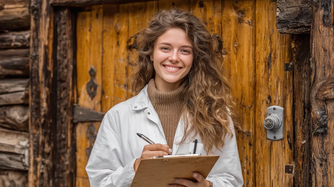Cheerful Young Woman Smiling and Taking Notes in Front of a Rustic Wooden Door, Showcasing Her Enthusiasm for the Task at Hand with a Natural, Warm Background