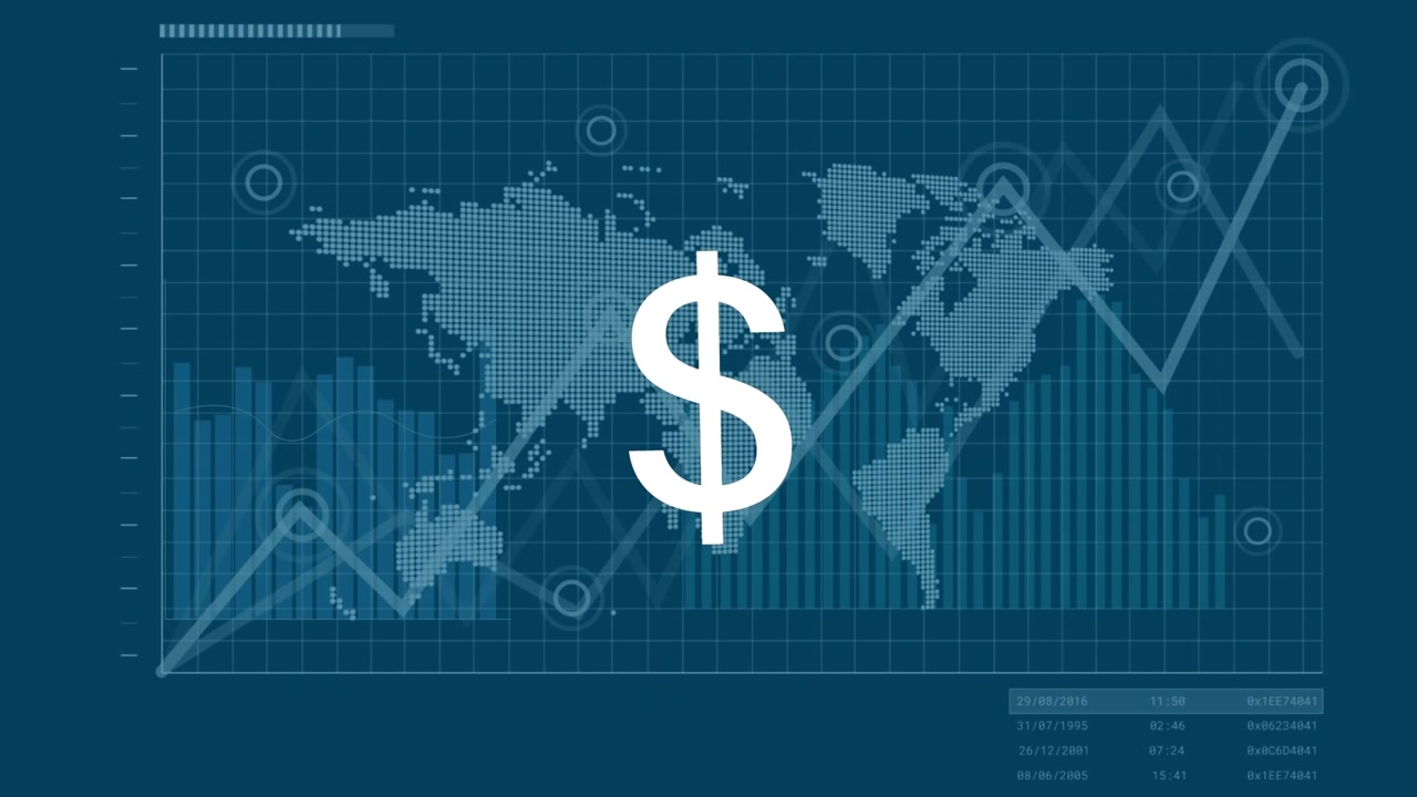 Animação de símbolo de dólar sobre mapa giratório contra múltiplos gráficos em fundo azul