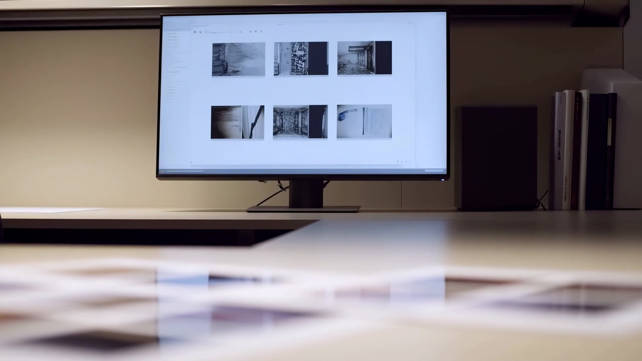 Fogli di contatto stampati poggiano su una scrivania opaca in primo piano mentre un monitor su supporto mostra una griglia di miniature dietro, creando una scena di revisione creativa organizzata con riflessi lucidi, luce soffusa e calma