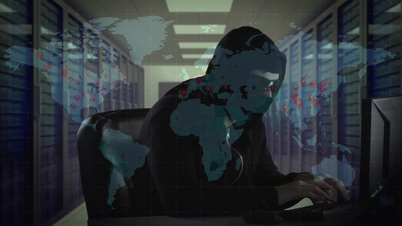 animação do mapa do mundo sobre hacker com computador