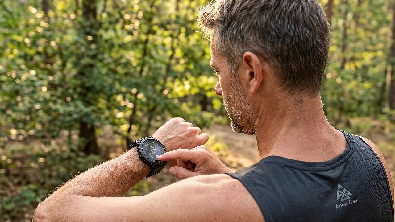 Person viewing smartwatch health metrics in park setting