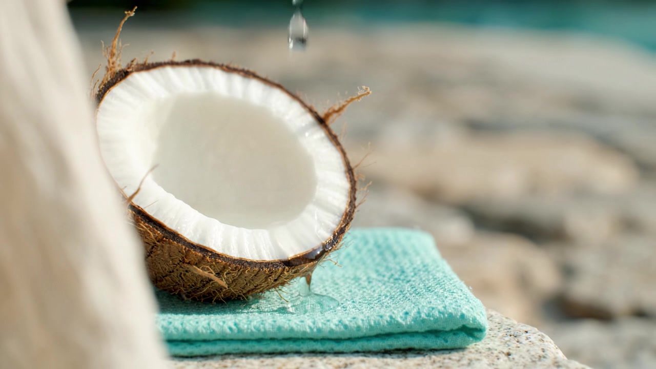 A Fresh Coconut Half Resting on a Soft Cloth by the Seaside, with Water Dripping from Its Flesh in a Relaxing Coastal Setting