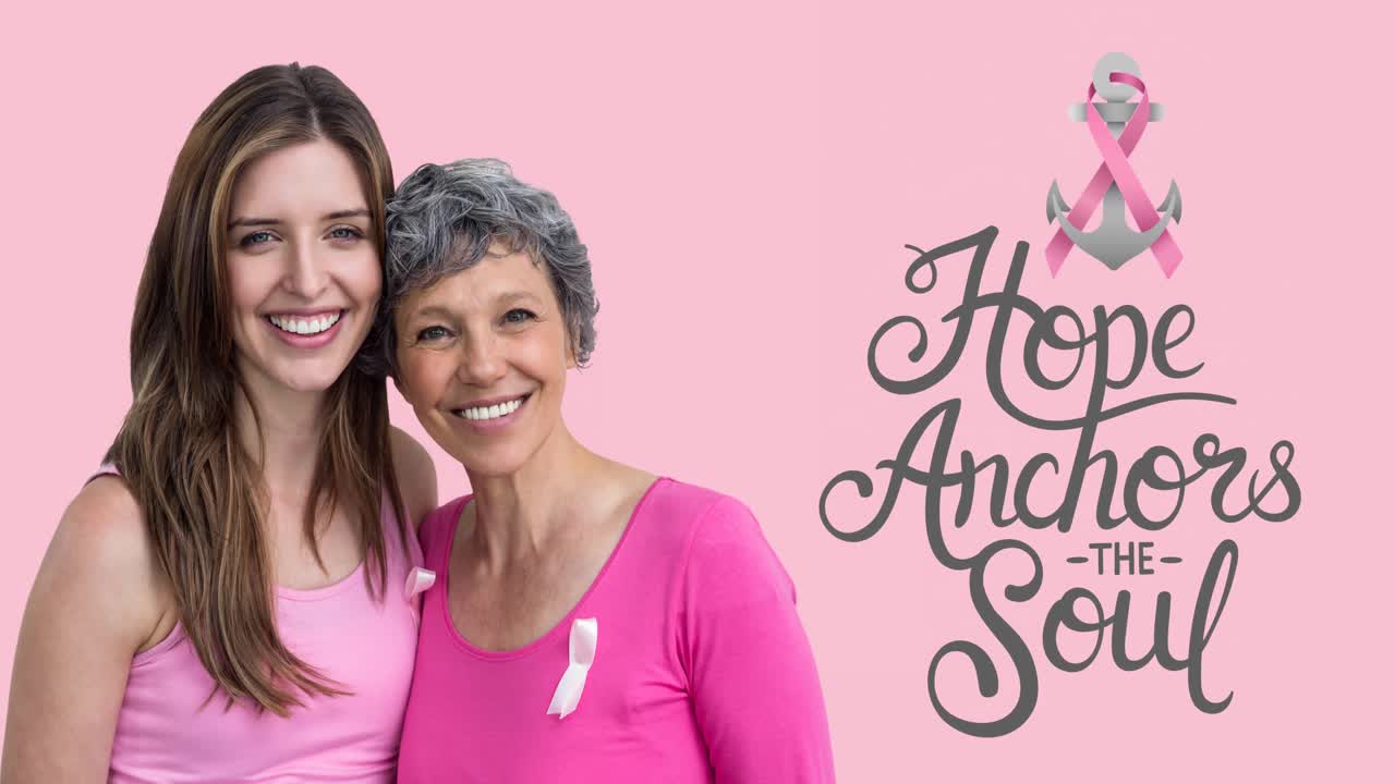 animación del logotipo del ancla de cinta rosa con texto de cáncer de mama sobre dos mujeres sonrientes