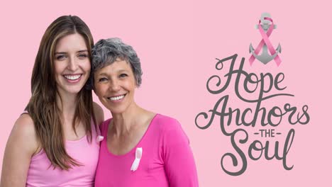 animation of pink ribbon anchor logo with breast cancer text over two smiling woman