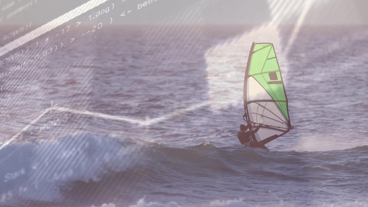 Onde crescenti spingono un windsurfista che regola la postura e l'assetto per mantenere l'equilibrio, mentre una sovrapposizione tecnologica si sposta.