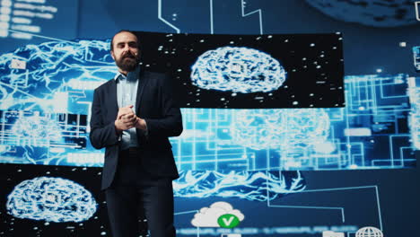 entrepreneur presenter hosting live conference to highlight ai usage