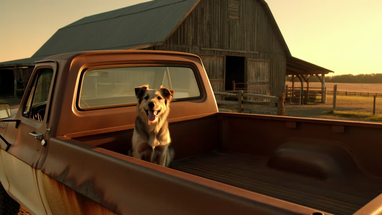 Bauern-Pickup bei Sonnenuntergang mit Hund auf rostiger Ladefläche, nahe verwitterter Scheune, warmes bernsteinfarbenes Licht über Weide.