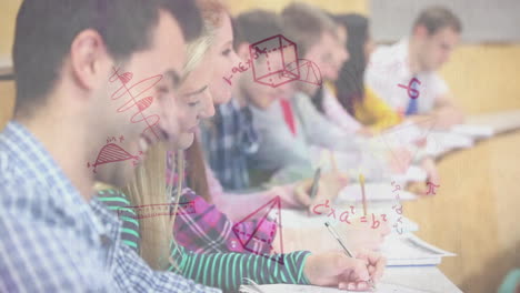 mathematical equations and geometric shapes animation over students studying in classroom