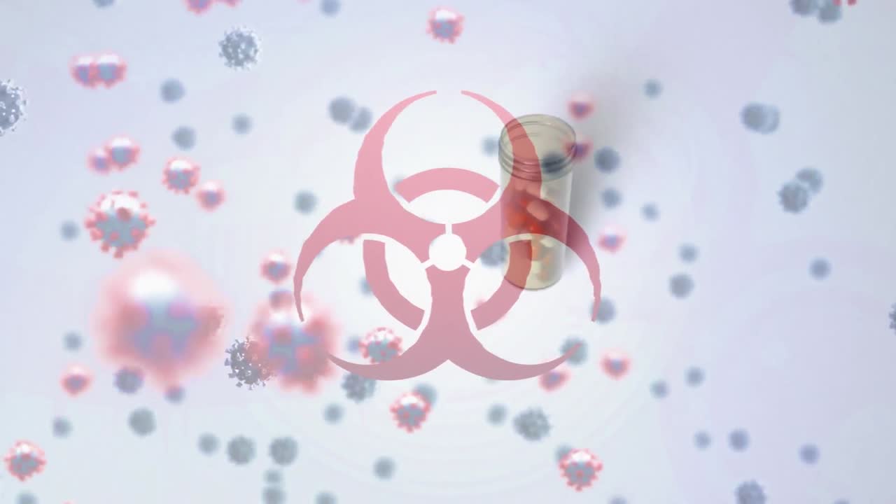 animación de células flotantes de macro covid-19 y símbolo de riesgo biológico sobre una caja de pastillas que cae