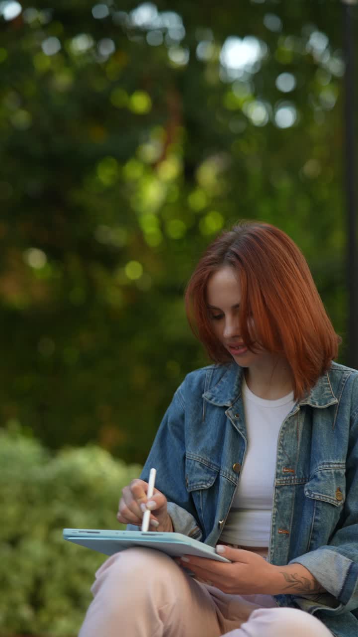 Giovane donna che disegna all'aperto