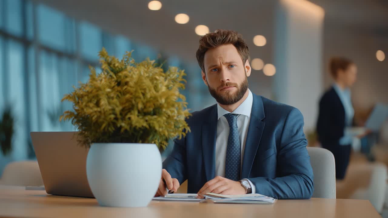 Focused Businessman at a Modern Office Desk, Analyzing Tasks with a Thoughtful Expression and a Lush Decorative Plant in the Background
