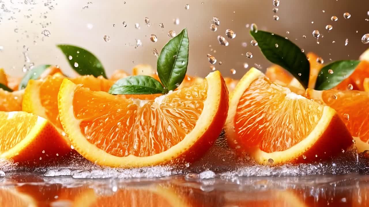Frische Orangenscheiben mit spritzendem Wasser