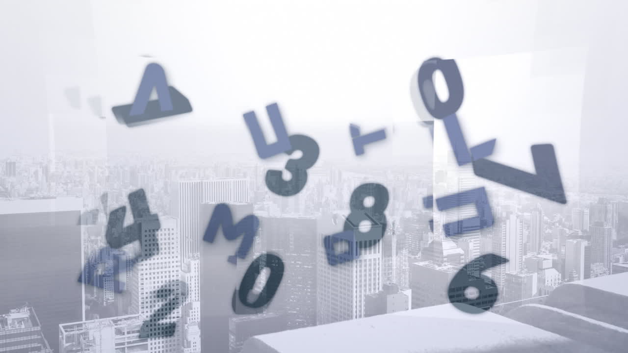 animación de números y letras que caen sobre el paisaje urbano