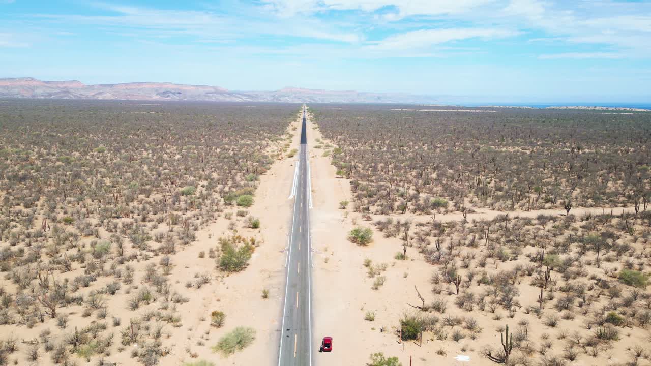 Straight desert highway cutting through Baja California Sur's dry, cactus-filled terrain