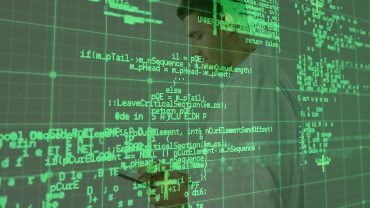 Developer tapping smartphone causing code grid swirling and reorganizing visualizing functions