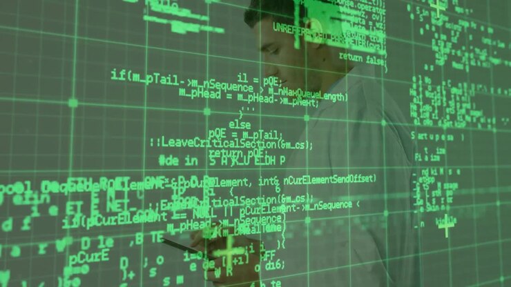 Developer tapping smartphone causing code grid swirling and reorganizing visualizing functions