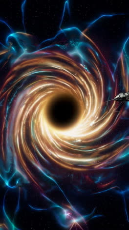 cosmic vortex with spacecraft approaching a black hole