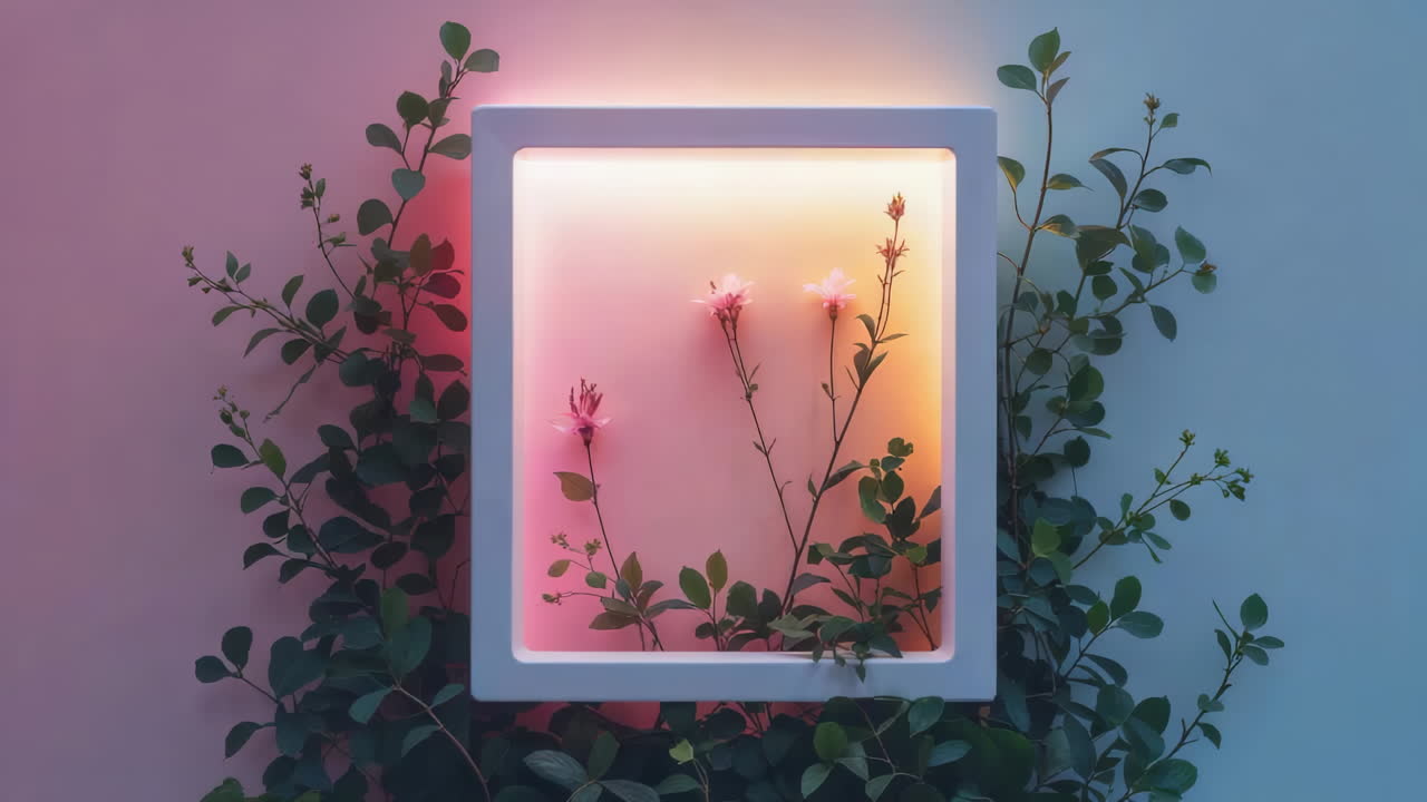 Botanical Art Display with Illuminated Flowers in a Square Frame