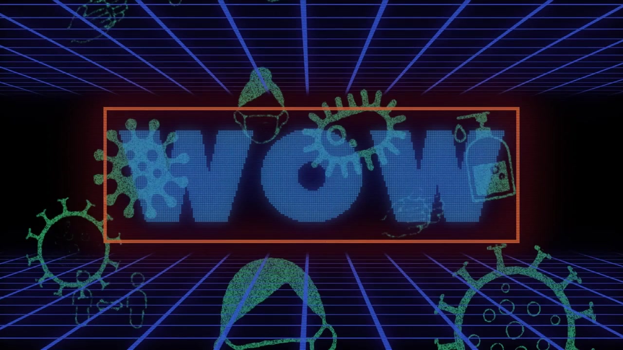 Animazione del testo "wow" sopra icone e linee su sfondo nero.