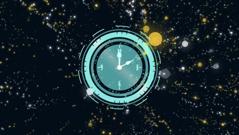 Animation-of-clock-moving-over-glowing-spots-on-black-background